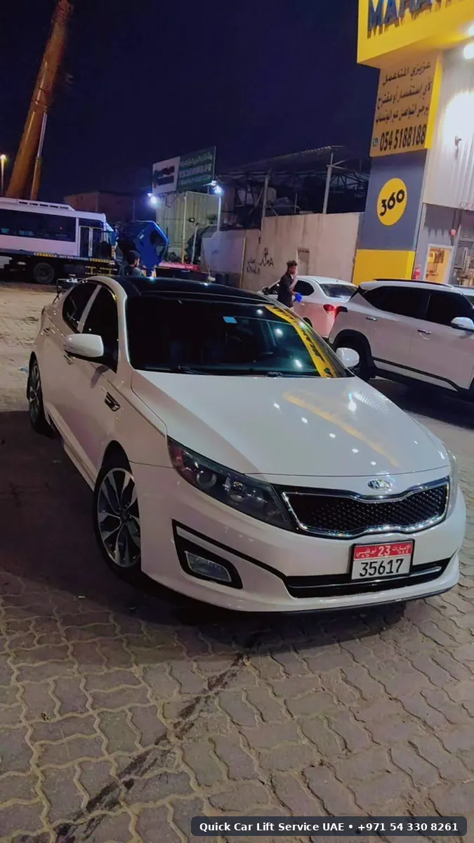 White Kia K5 – Quick Car Lift Service UAE fleet car for Abu Dhabi car lift
