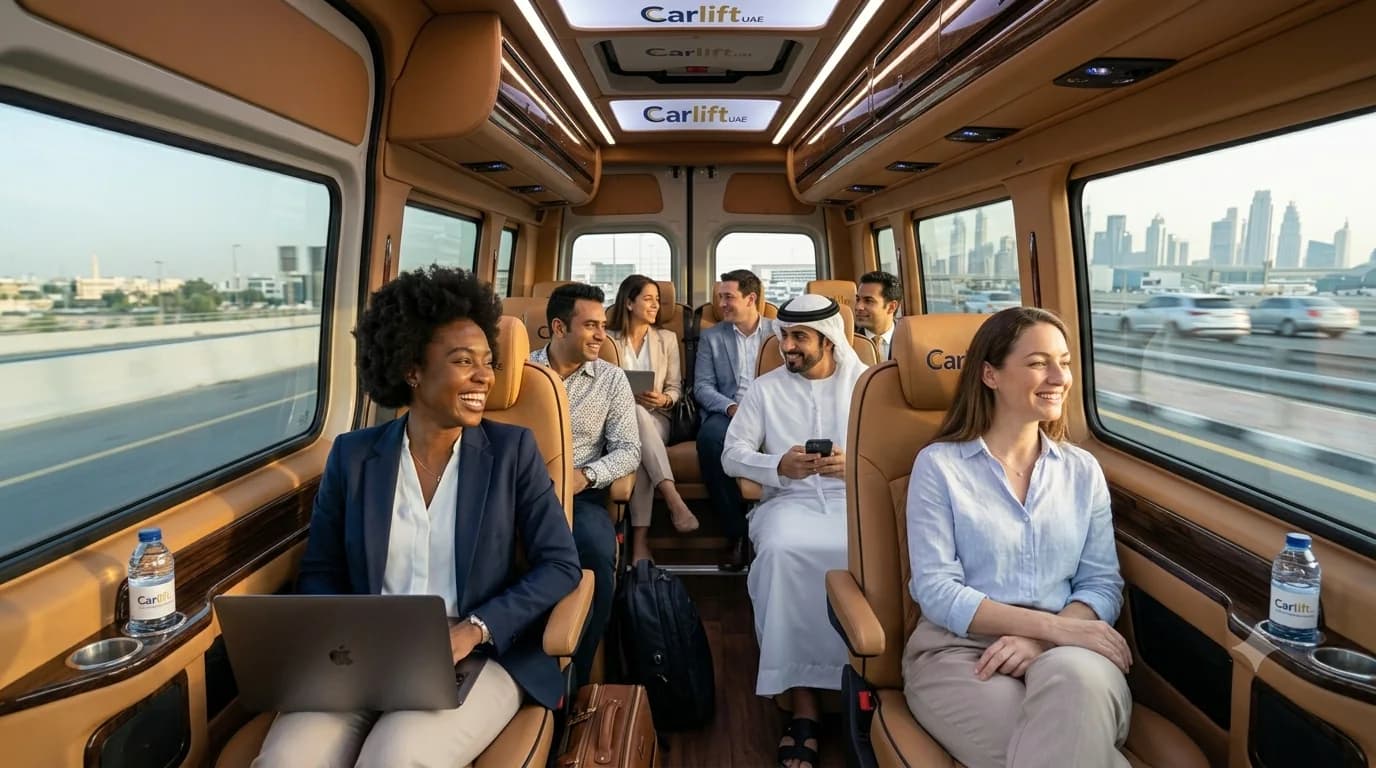 Car lift UAE – daily commuters sharing a comfortable ride from Sharjah to Business Bay, Dubai