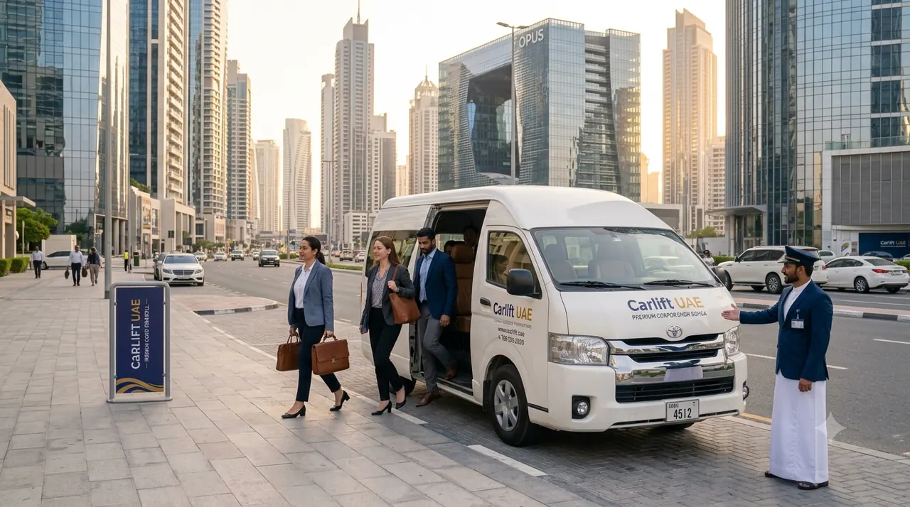 Car lift UAE drop-off on Sheikh Zayed Road Dubai – daily commuters arriving at glass tower offices