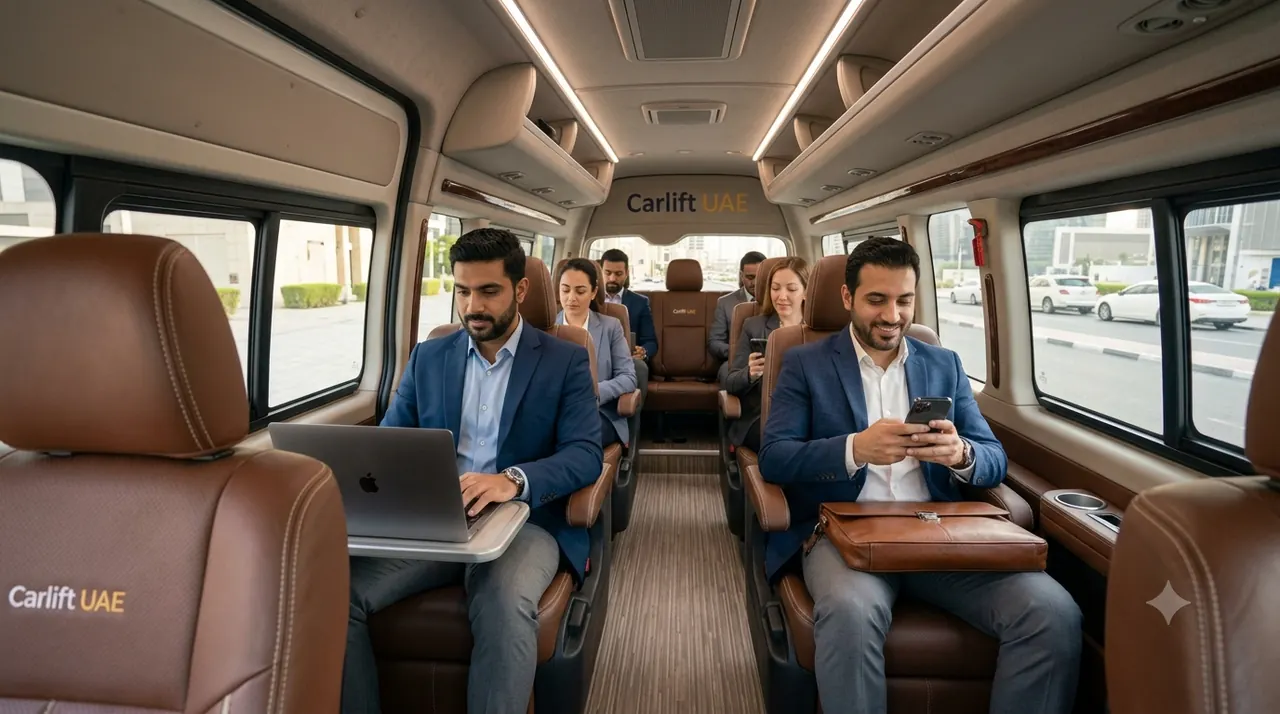 Professionals working on laptops inside a Car Lift UAE van during daily commute